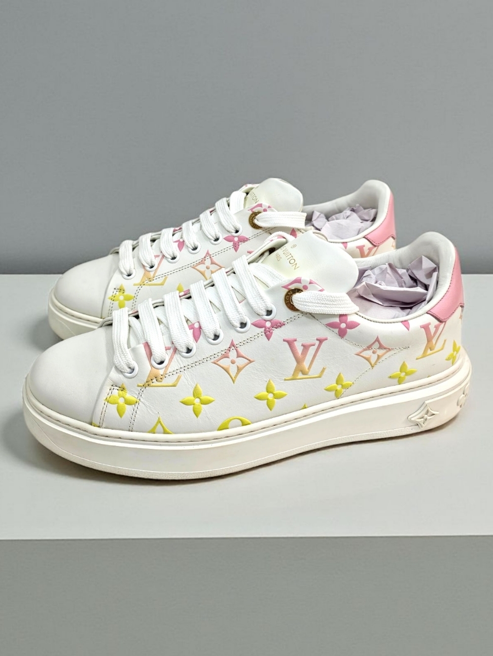 Louis Vuitton Time Out Sneaker Pastel Monogram White Pink Yellow Shoes
